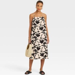 A New Day| Black & Ivory Linen Blend Midi Loose-Fit Floral Sundress Sz S